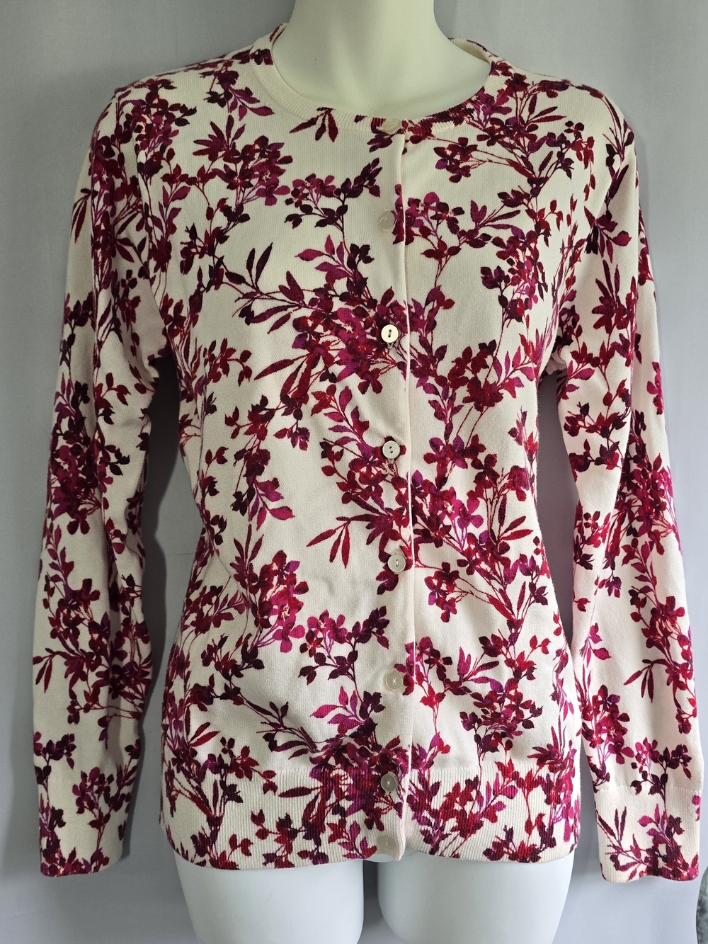 LANDS' END Floral Cotton Cardigan in White & Pink Size Medium Like New